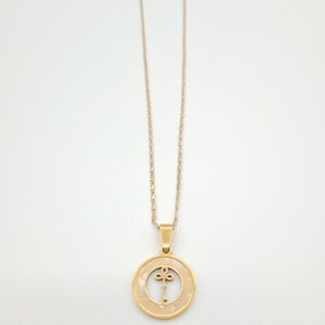 Gold Tone Key Pendant Necklace Minimalist Circle Charm Adjustable Chain